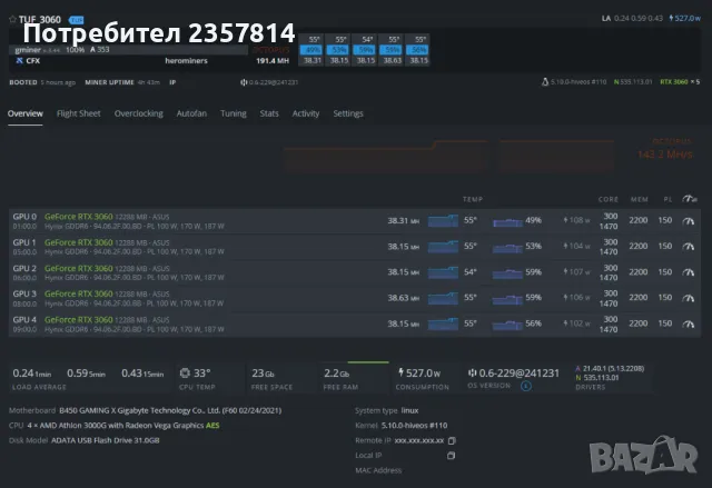 Майнинг Риг/Mining Rig Geforce RTX 3070, 3060, снимка 6 - Видеокарти - 48619592