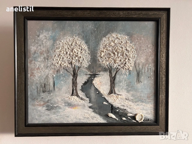 🎨 ОРИГИНАЛНА АВТОРСКА КАРТИНА  „Зимна тишина“ | 30 x 40 см | Релефна живопис