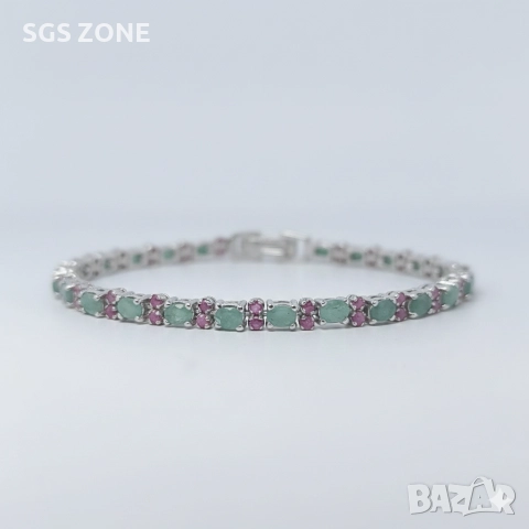 Ръчно изработена сребърна гривна със зелен СМАРАГД и Рубини , снимка 6 - Гривни - 52605672