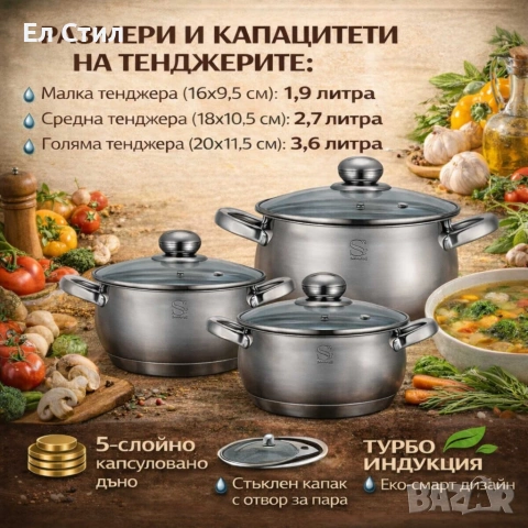 Комплект тенджери (SG-18099) – 3 броя с 5-слойно капсуловано дъно, снимка 4 - Съдове за готвене - 53574094