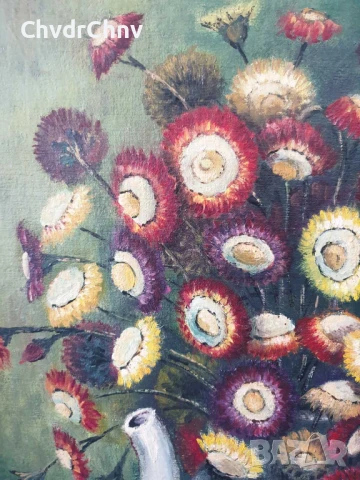 60х50см/стара картина масло върху платно-фазер/натюрморт чайник с цветя/дървена рамка, снимка 7 - Картини - 51356945