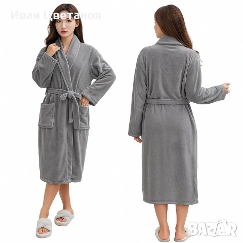 Дамски хотелски халат, класически, удобен, топъл, с връзки, мек, сив