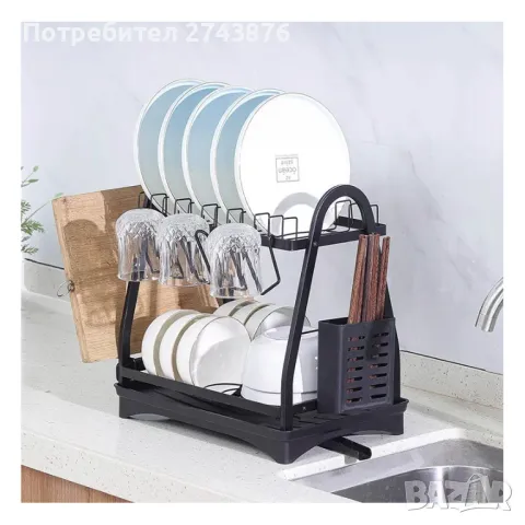 Сушилник на две нива с преливник Dish rack MZY- 1032B, Черен- 44х24.5х36.5 см, снимка 3 - Други - 47869816