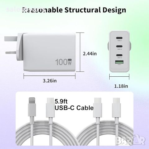 100W USB C Зарядно за Пътуване: Зарежда различни лаптопи и устройства, снимка 5 - Безжични зарядни - 45210831