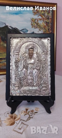 Гръцка сребърна икона на св.Спиридон. Проба 950. Перфектно състояние.