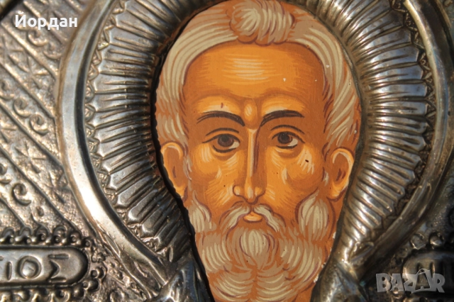 Гръцка икона ръчно рисувана със сребърен обков, снимка 2 - Антикварни и старинни предмети - 52335403