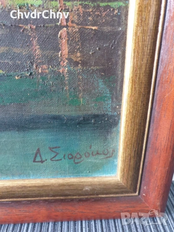 Sirokos 110х70см Сиорокос/стара гръцка голяма картина масло върху платно/морски пейзаж/рибари-лодки, снимка 8 - Картини - 52207867