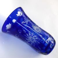 Голяма кобалтово синя кристална ваза, "cut to clear". Височина 26,5 см, диаметър при отвора 17 см., снимка 1 - Вази - 45338089