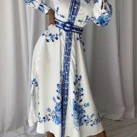 Дълга дамска официална рокля бяло и синьо с коланче, снимка 16 - Рокли - 45438182