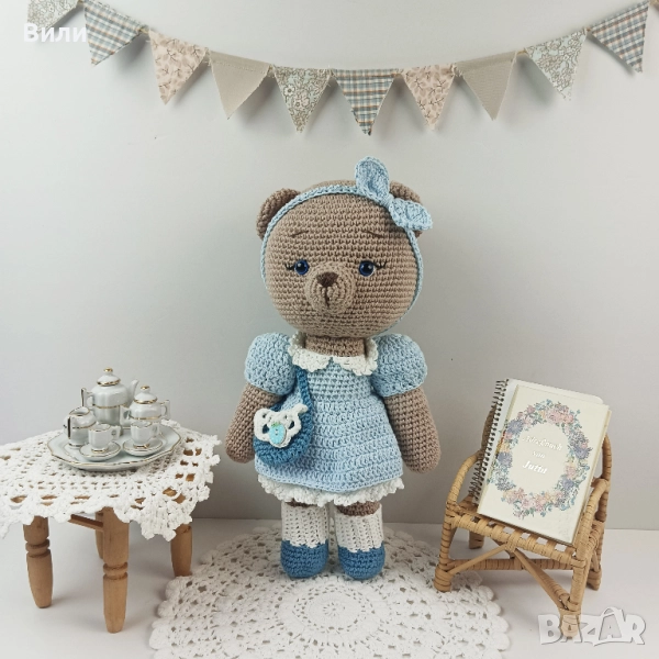 Мече с рокля, плетени играчки, играчка ръчна изработка, плетено мече, снимка 1