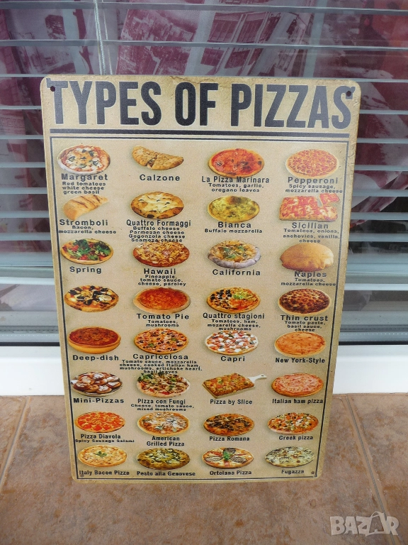 Метална табела храна Видове пица Маргарита Калцоне Пиперони четири сирена италиянска американска Кап, снимка 1