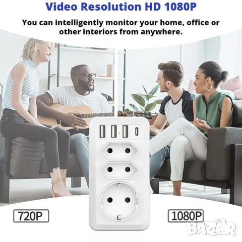 Скрита камера Wifi контакт разклонител с USB и Type C, видеонаблюдение, снимка 4 - Други - 52034720
