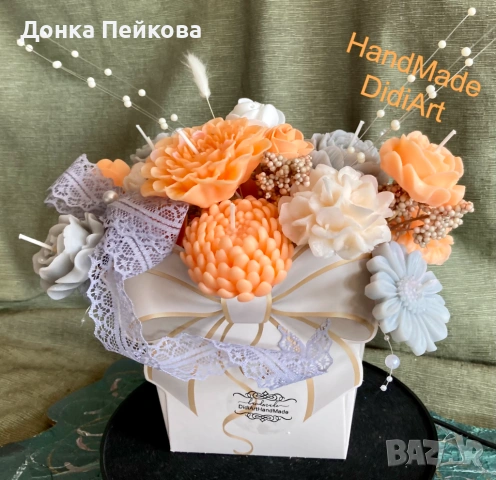 Луксозен букет от соеви свещи в тюркоаз и бяло – ръчна изработка, снимка 13 - Изкуствени цветя - 53880882
