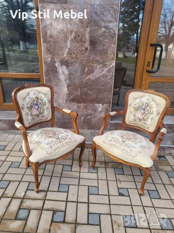 Френски кресла с гобленова дамаска , снимка 1 - Антикварни и старинни предмети - 46102059