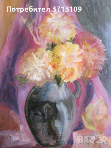 Картина -масло, фазер, ваза с хризантеми,51х36см., снимка 4 - Картини - 45055502