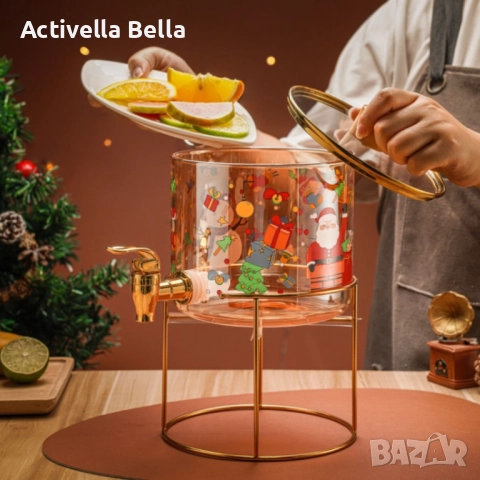 Стъклен диспенсър за напитки 2.6 L с коледен дизайн и златиста стойка, снимка 3 - Буркани, бутилки и капачки - 51986232
