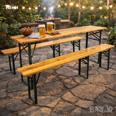 Сгъваем комплект градинска маса с 2 пейки - От чамово дърво, с отвор за чадър