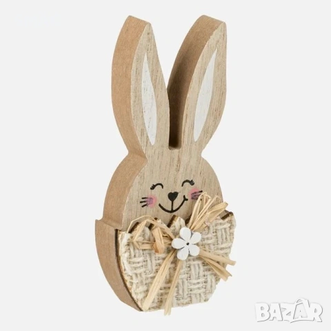 Великденска дървена декорация – зайче в яйце с бяла маргаритка, 7x2x15 см._1233624, снимка 3 - Декорация за дома - 54224635
