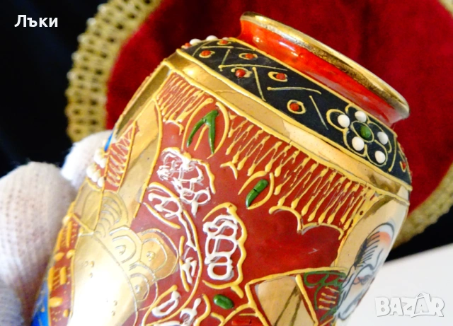 Ваза японски порцелан Satsuma,злато,печат. , снимка 6 - Вази - 53478086