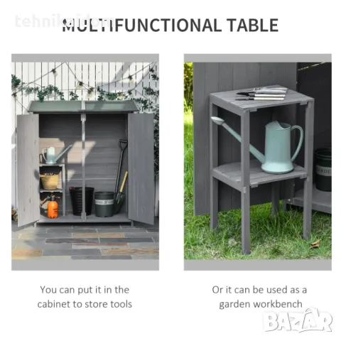 Шкаф за градина Outsunny с маса за съхранение, асфалтов покрив, двойна врата, сив, снимка 5 - Градински мебели, декорация  - 47135246