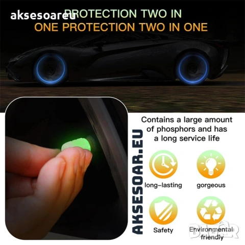 Комплект нови 12 бр. светещи сигнални капачки за вентили флуоресцентни светещи нощем за декорация, снимка 5 - Аксесоари и консумативи - 53901185