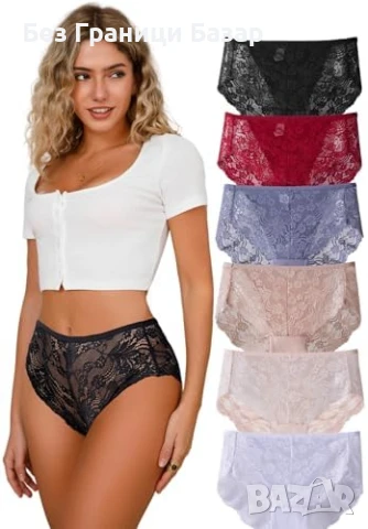 Нови Дамски бикини висока талия дантела безшевни 6 броя комплект С размер бельо, снимка 1