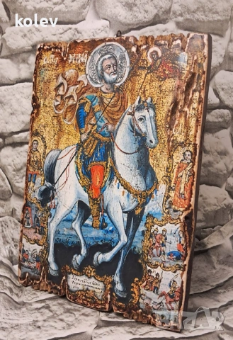 Икона Свети Мина на кон със светци 25/18 см - УНИКАТ, декупаж, снимка 2 - Икони - 53620984