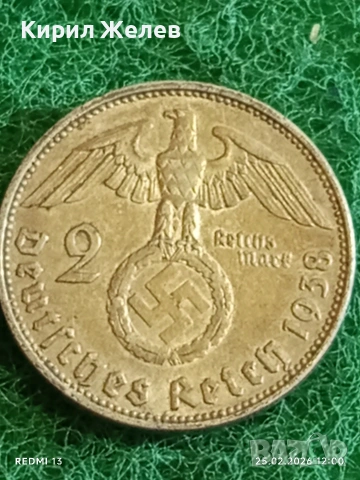 Сребърна монета 2 райхсмарки 1938г. Германия Трети Райх с Свастика за КОЛЕКЦИОНЕРИ 51266, снимка 2 - Нумизматика и бонистика - 53616326