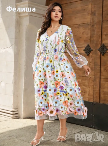 Бутикова Елегантна Ванилово Бяла Дантелена Бродирана Рокля с 3Д Пастелни Цветя и Шик Буфан Ръкав , снимка 7 - Рокли - 50812292