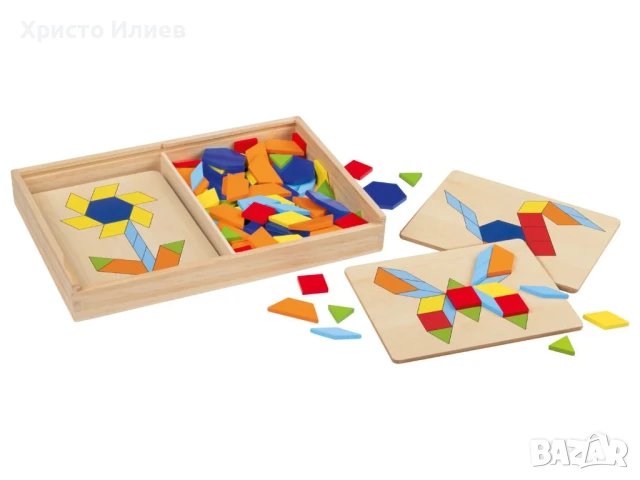 Дървен пъзел Мозайка Дървени кубчета форми Монтесори метод