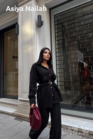 Дамски комплект с райе – риза и широк панталон, снимка 5 - Комплекти - 52792475