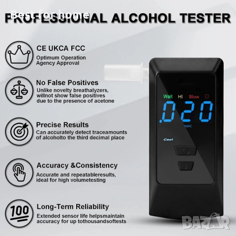 Професионален дрегер за алкохол (Breathalyzer) – Нанотехнологичен сензор, USB зареждане и 8 накрайни, снимка 2 - Друга електроника - 53275939