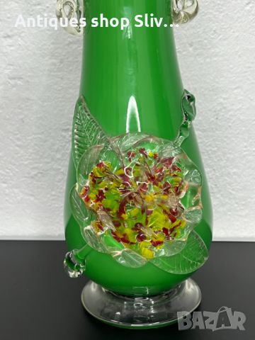 Винтидж зелена стъклена ваза. №5395, снимка 3 - Антикварни и старинни предмети - 45761590