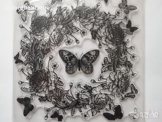Силиконови печати Венец с цветя и пеперуди 2 бр, снимка 2 - Други - 46137343