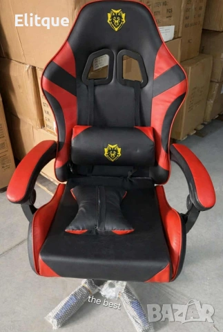 Удобен геймърски стол с поставка за крака и масажна лумбална възглавница, Черно-червен