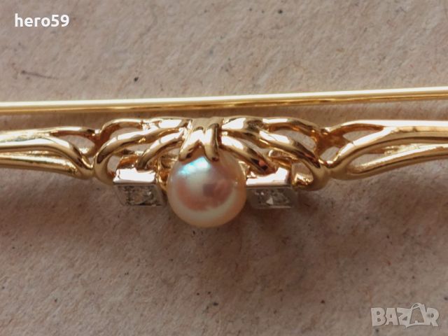 Антикварна златна 14к брошка с натурална перла и два диаманта , снимка 5 - Колиета, медальони, синджири - 45115094