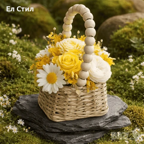 Букет от восъчни цветя в чантичка с дръжка от дървени топчета