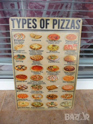 Метална табела храна Видове пица Маргарита Калцоне Пиперони четири сирена италиянска американска Кап