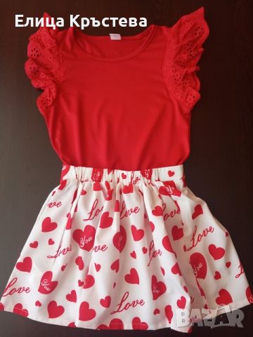Ефектна бяла поличка на червени сърца с блузка в червено, снимка 2 - Детски комплекти - 45466448