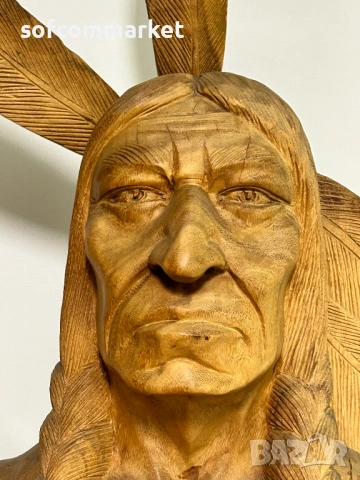 Масивна дърворезба „Индиански вожд“ – 85 см, Ръчна изработка, снимка 6 - Статуетки - 53889540