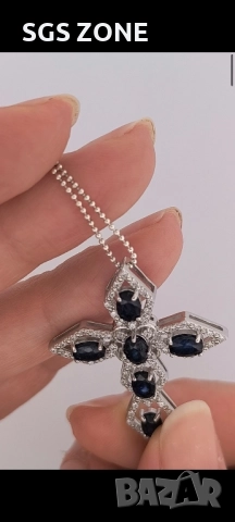 сребърен кръст с естествен син сапфир, снимка 8 - Колиета, медальони, синджири - 52392866
