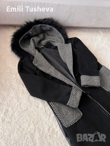 Дамско палто в черно и сиво с пух на качулката, снимка 7 - Палта, манта - 53309467