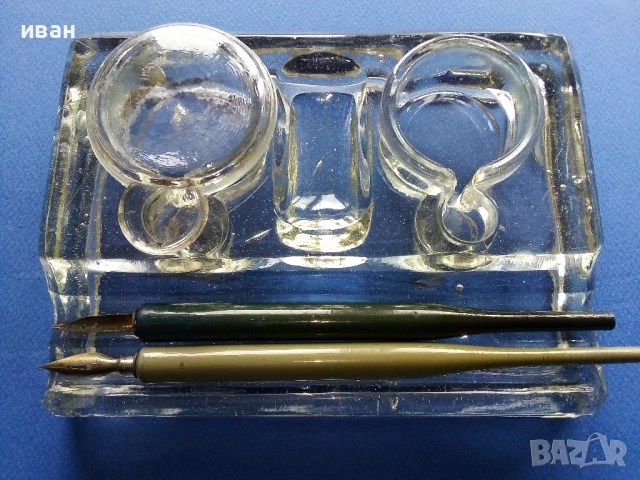 Стара стъклена мастилница + две писалки, снимка 7 - Антикварни и старинни предмети - 50486629