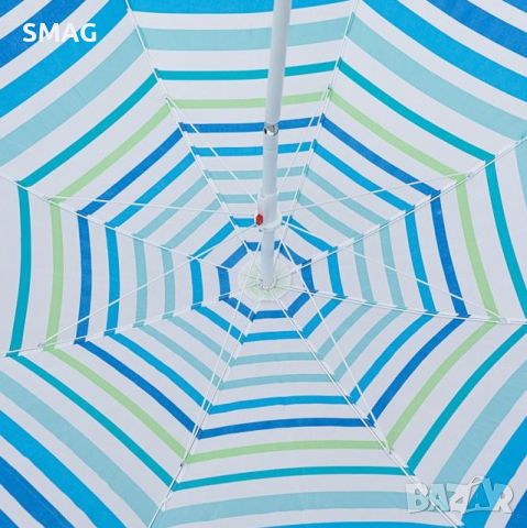 Син тюркоазен плажен чадър на райета с 2 халки 2 м, снимка 2 - Други - 46292748