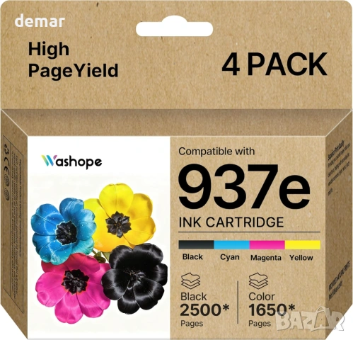 937e 937XL Мастилени касети, с чипове, за HP Officejet Pro (4 броя, CMYK)