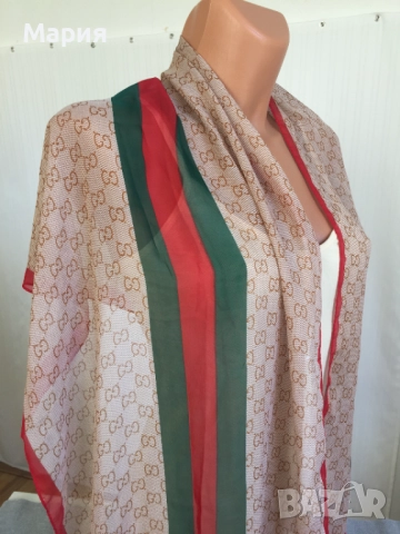 Нов Дамски Шал Gucci Прозрачен Лого Гучи Бежов Червен Зелен, снимка 10 - Шалове - 51826454