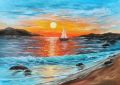 Морски изгрев с корабче маслена картина , снимка 1 - Картини - 45368525