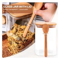 Стъклен квадратен буркан с бамбукова лъжичка и бамбуков капак със силиконово уплътнение,12,5х10см, снимка 4 - Аксесоари за кухня - 45525690