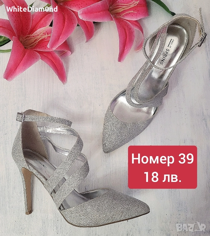 Празнични дамски сребристи обувки на ток номер 39 🤍, снимка 1