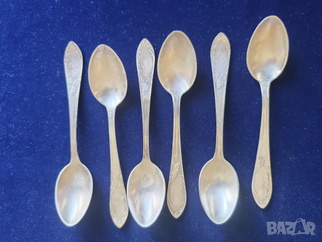 лъжички за кафе от мелхиор, посребрени, дълж. 12,2 см, изящни, к-т от 6 броя, СССР